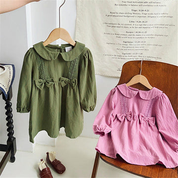 Toddler Girl Collar Bow Solid Color Dress