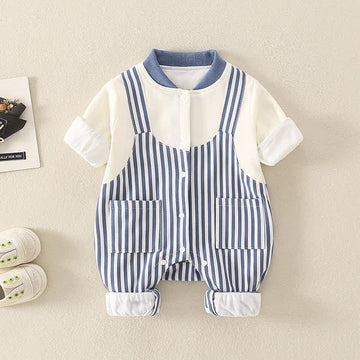 Baby Striped Splicing Crew Neck Romper