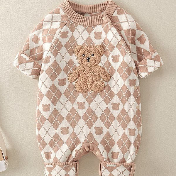 Baby Diamond Bear Coffee Knitted Romper