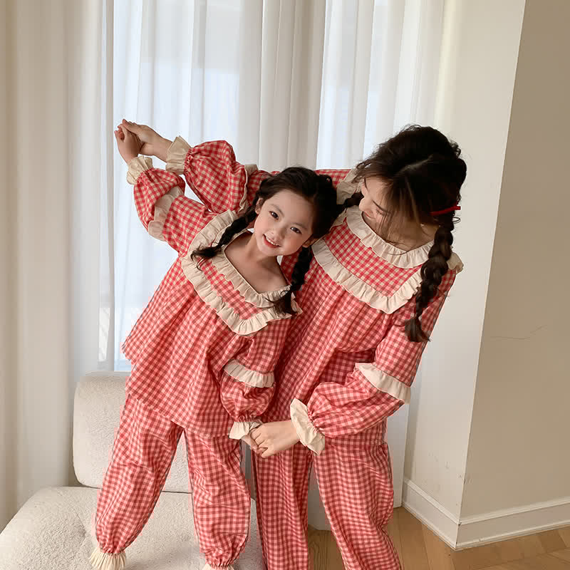 Mommy and Me Plaid Ruffled Pajamas Set