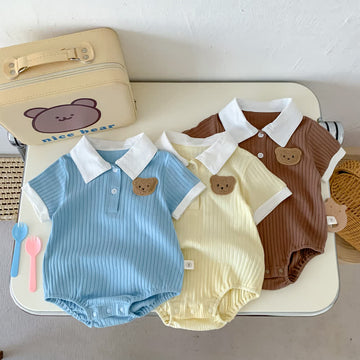 Baby Embroidered Bear Lapel Ribbed Bodysuit
