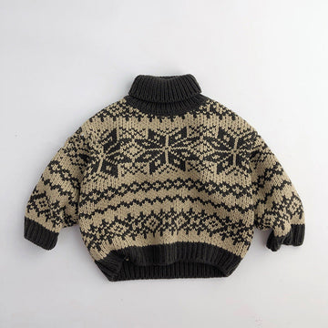 Toddler High Collar Knitted Retro Style Jacquard Sweater