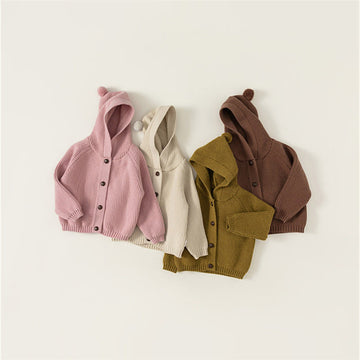Toddler Knitted Solid Color Button Hooded Coat