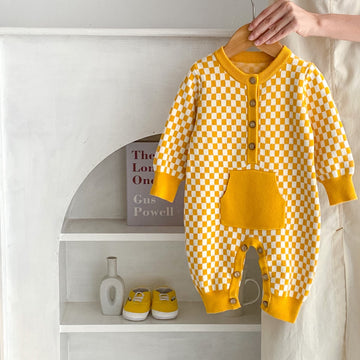 Baby Yellow Plaid Button Pocket Knitted Romper