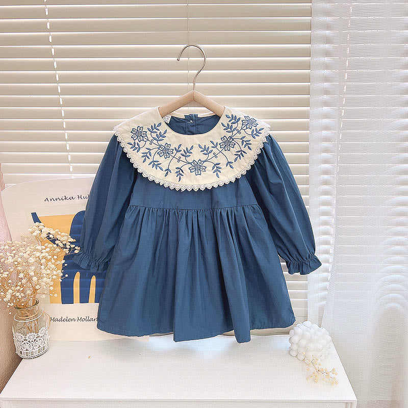 Toddler Girl Vintage Embroidered Flower Lapel Dress