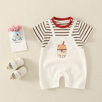 Baby Milk Tea Striped Splicing Romper