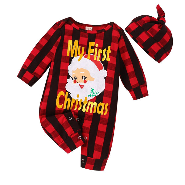 MY FIRST CHRISTMAS Baby Red Plaid Romper with Hat
