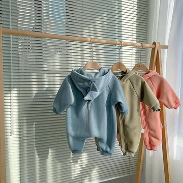 Baby Dino Warm Solid Color Hooded Casual Romper