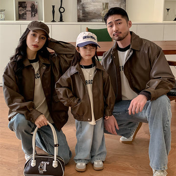 Family Matching Brown Lapels Leather Jacket