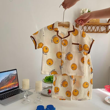 HAPPY DAY Toddler Smiley Lapel Collar Top and Shorts Pajamas Set