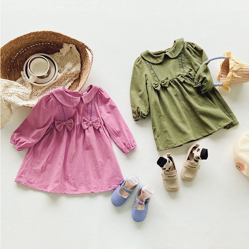 Toddler Girl Collar Bow Solid Color Dress