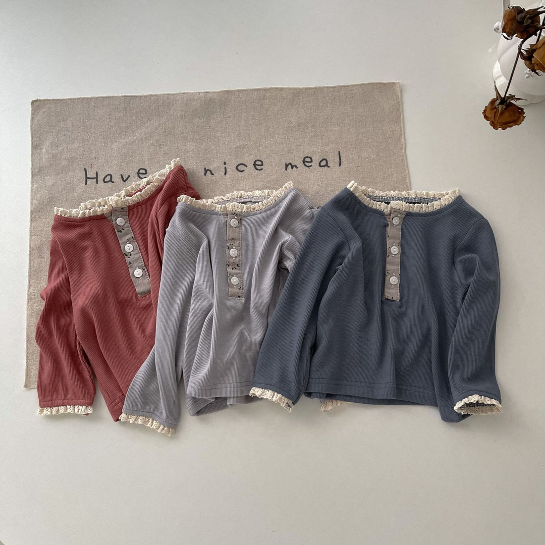 Baby Girl Button Lace Thin Ribbed Flower Sweatshirt