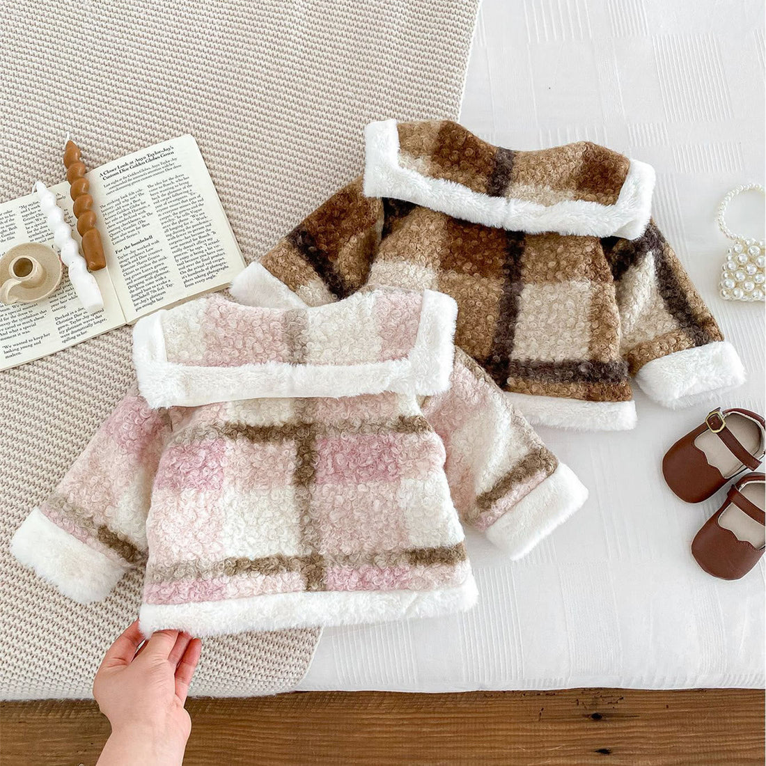 Baby Girl Plaid Lapels Fleece Coat