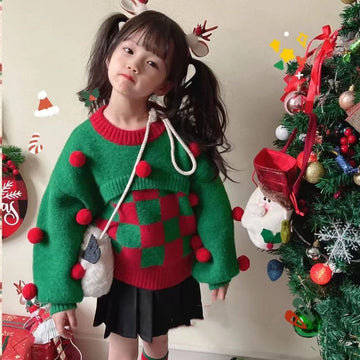 Toddler 3D Hairball Plaid Knitted Sweater