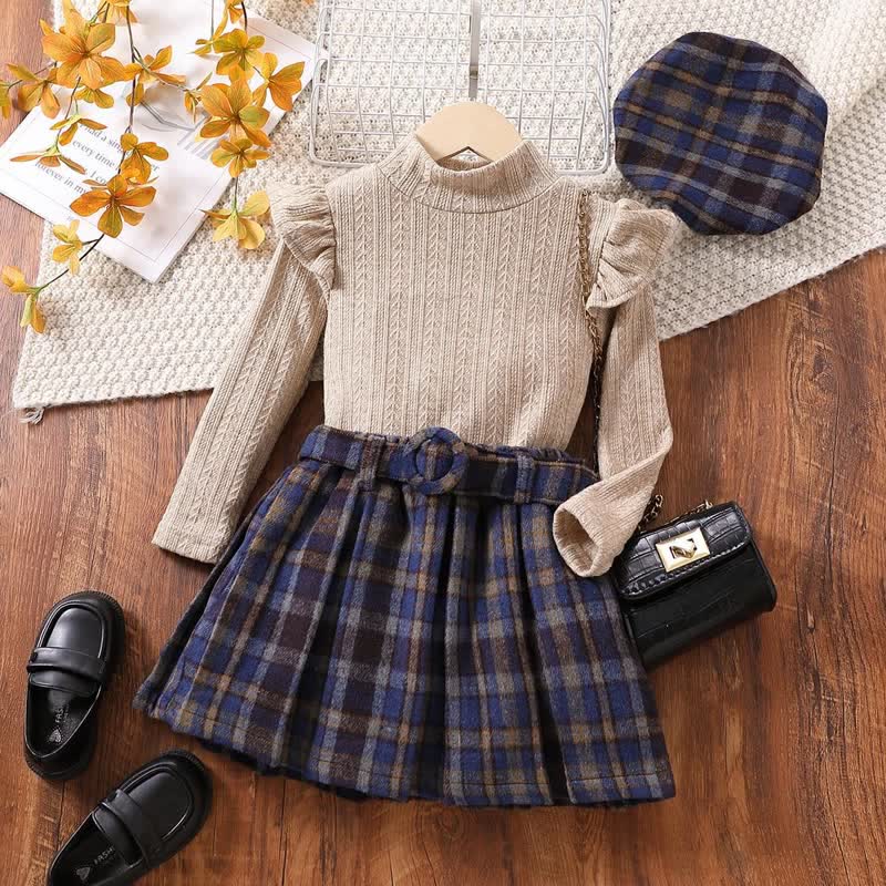 Toddler Girl Shirt Plaid Pleated Skirt with Beret