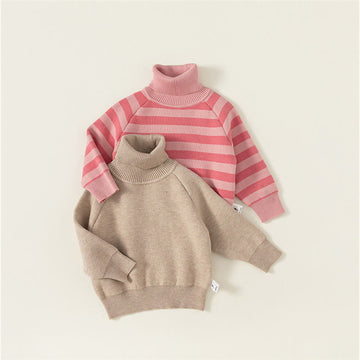 Toddler Pink Striped Fleece Lined High Collar Sweater