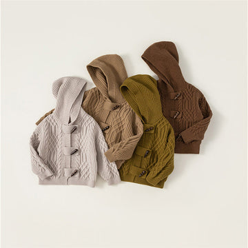 Toddler Solid Color Knitted Horn Button Hooded Coat