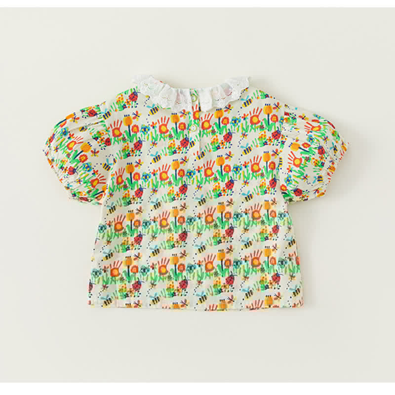 Toddler Girl Flower Lace Lapel Collar Puff Sleeve Blouse