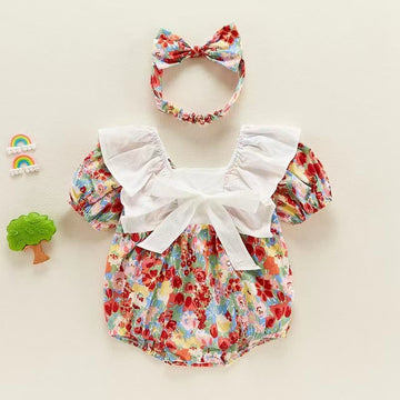 Baby Bowknot Flower Bodysuit with Headband