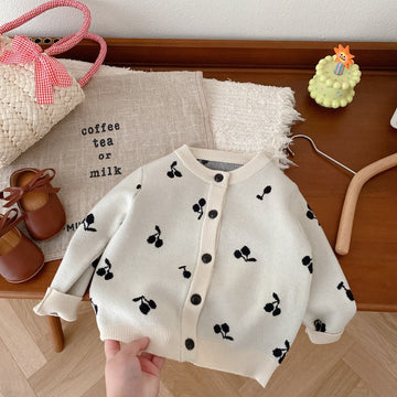 Toddler Girl Cherry Beige Knitted Cardigan
