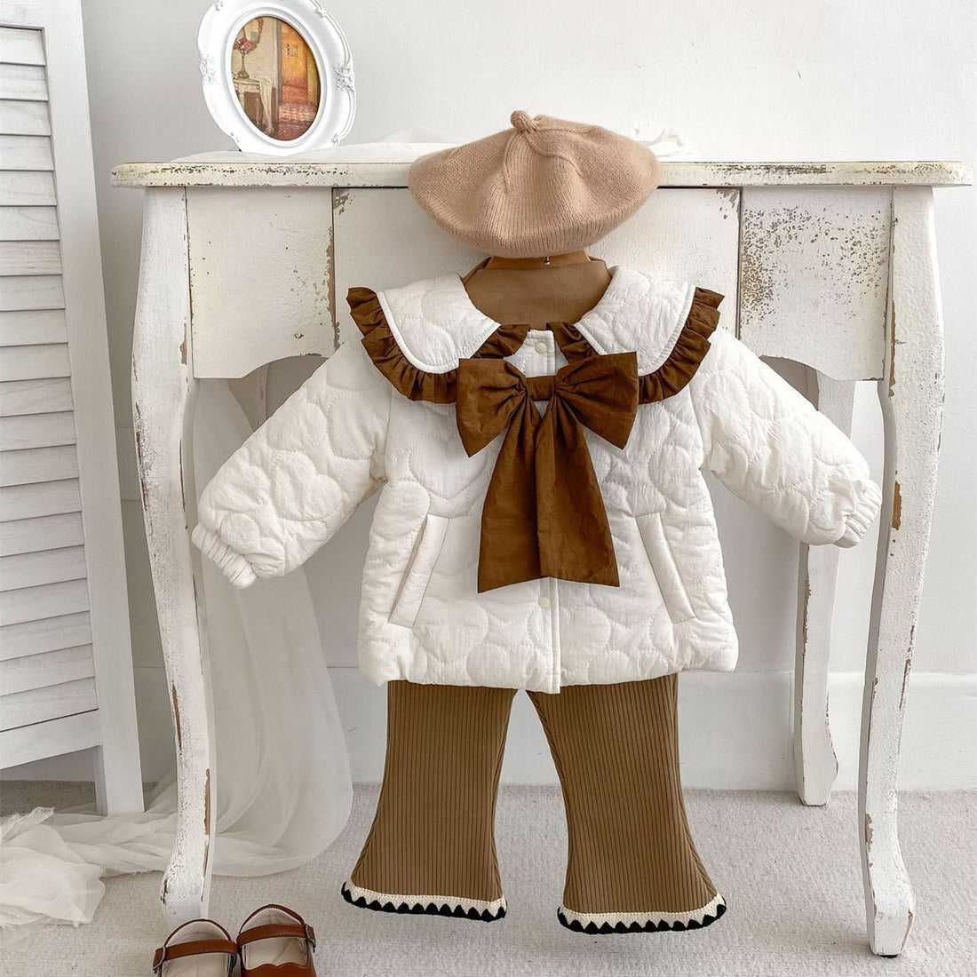 Baby Girl Quilted Lapels Bow Coat