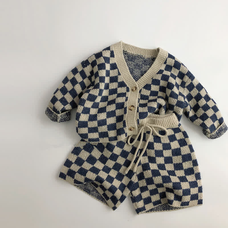 Toddler Boy Knitted Checkerboard Cardigan Shorts