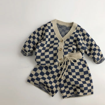 Toddler Boy Knitted Checkerboard Cardigan Shorts