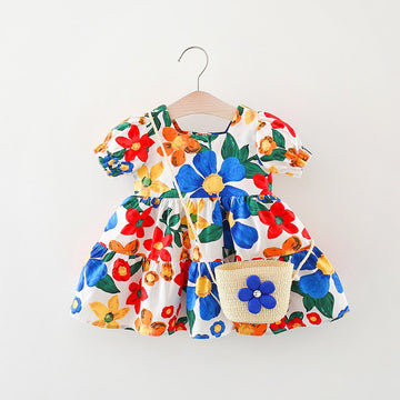 Baby Color Block Flower Dress with Bag