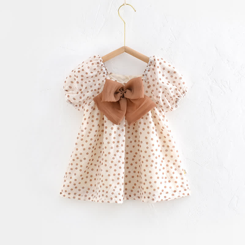 Toddler Girl Dots Bow Brown Dress