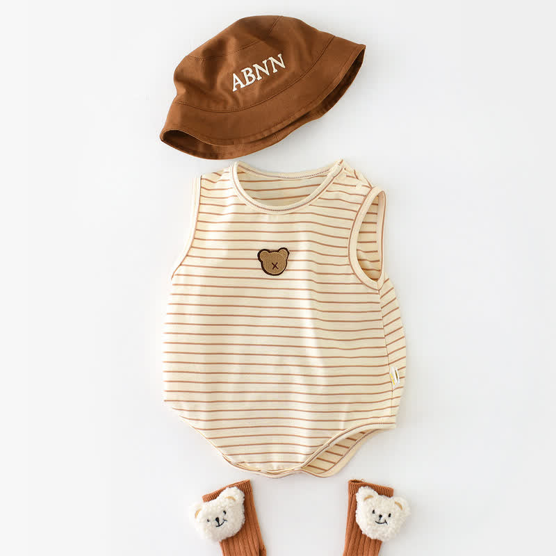 Baby Beige Striped Cute Bear Bodysuit