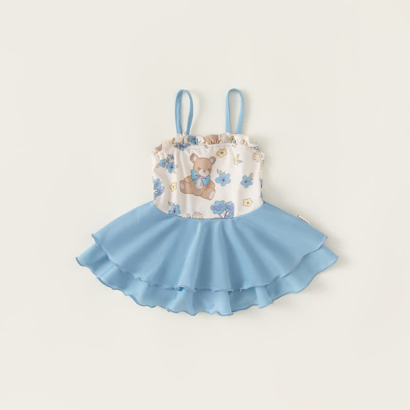Toddler Blue Flower Bear Suspenders Swimwear