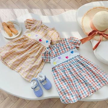 Toddler Lovely Plaid Embroidered Heart Dress