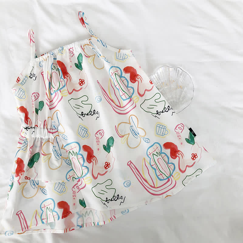 Toddler Graffiti Flower Suspenders White Dress