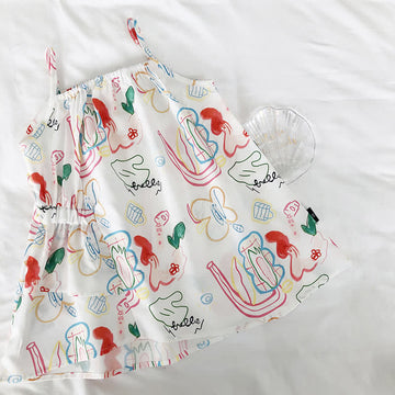 Toddler Graffiti Flower Suspenders White Dress