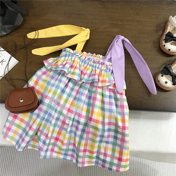 Toddler Color Block Plaid Suspenders Dress