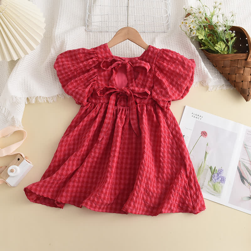 Toddler Red Plaid Puff Sleeves Dress