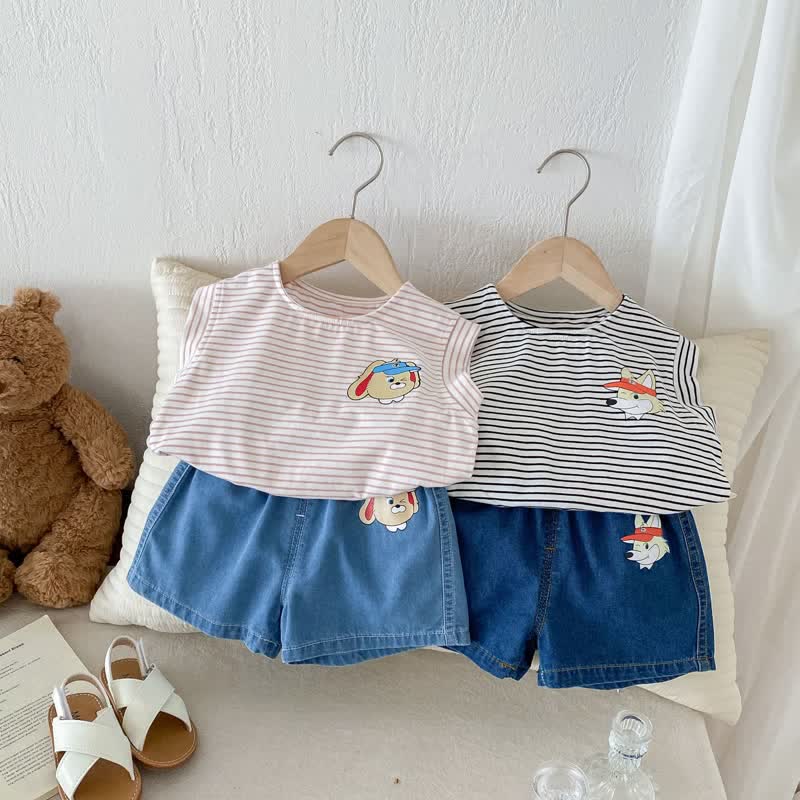 Baby Toddler Striped T-shirt Animal Denim Shorts