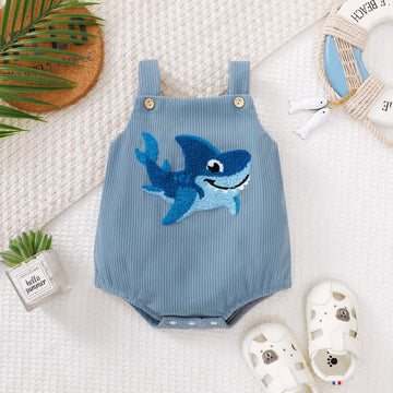 Baby Embroidered Shark Corduroy Blue Overalls