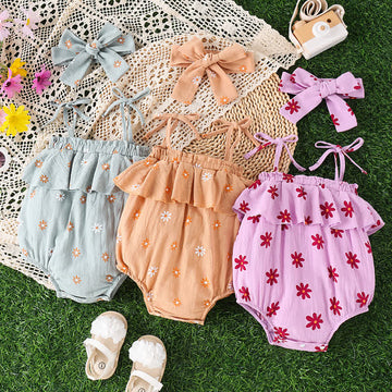 Baby Flower Suspenders Bodysuit with Headband