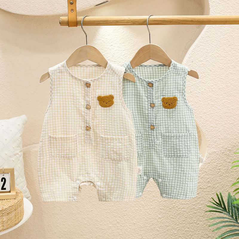 Baby Bear Plaid Pocket Sleeveless Romper