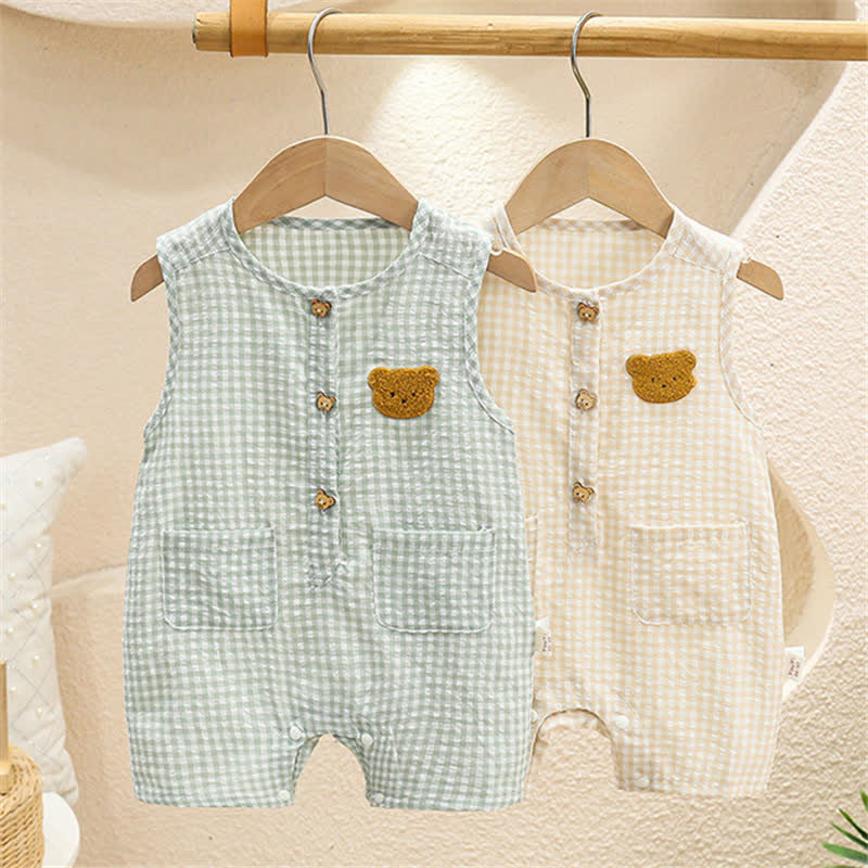 Baby Bear Plaid Pocket Sleeveless Romper