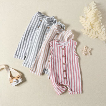 Baby Button Vertical Striped Sleeveless Romper