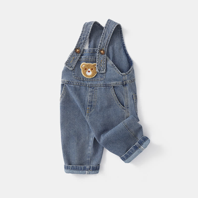 Toddler Retro Embroidered Bear Denim Overalls