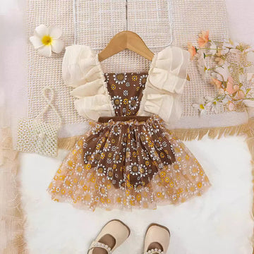 Baby Brown Tulle Flower Skirted Bodysuit
