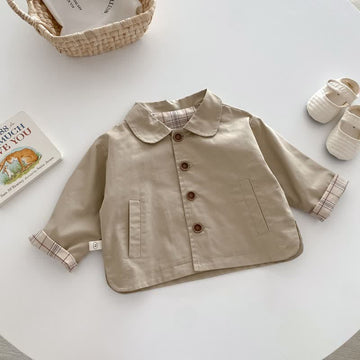 Baby Khaki Plaid Lapels Button Coat