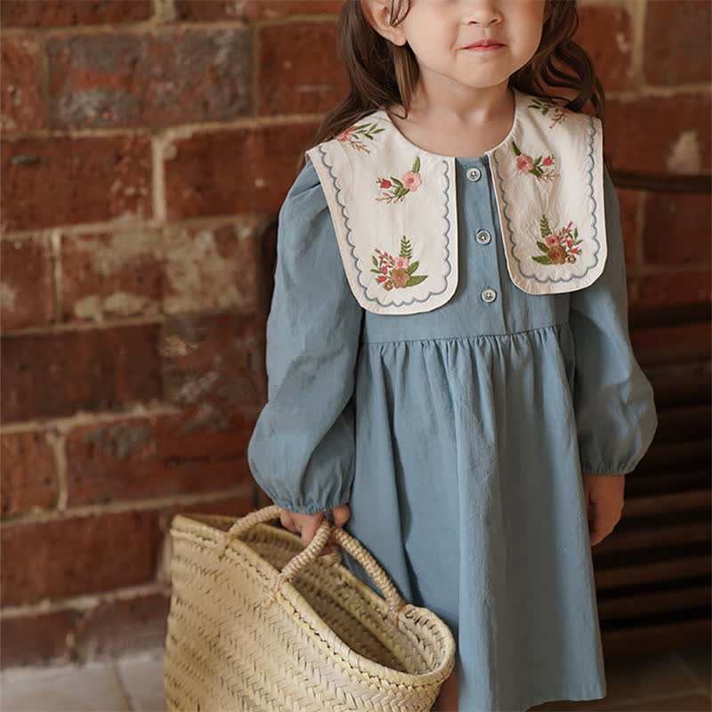 Toddler Embroidered Flower Lapels Blue Dress