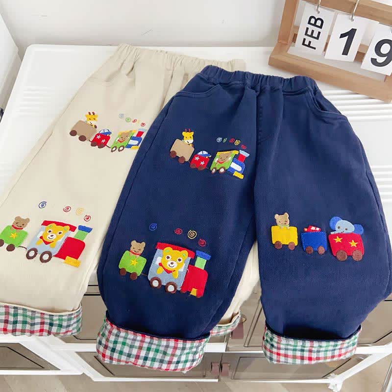 Toddler Embroidered Animal Train Plaid Pants