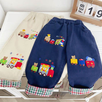 Toddler Embroidered Animal Train Plaid Pants