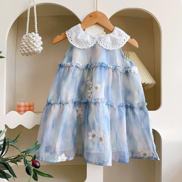 Toddler Blue Embroidered Flower Sleeveless Dress