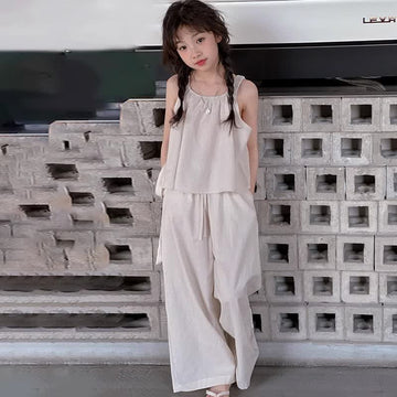 Kid Girl Suspenders Wide-leg Pants 2-piece Set